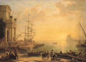 A capriccio of an Italianate harbour at sunset, with merchants, fishermen and stevedores on the shore in the foreground, men-o'-war at a quay beyond by Claude Lorrain (Claude Gellee)