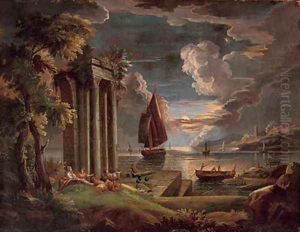 A Mediterranean coastal landscape at twilight with shepherdesses and their goats at rest by classical ruins, shipping beyond - view 1
