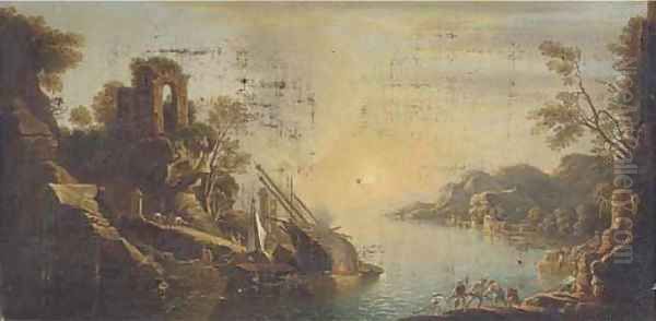 A capriccio of a Mediterranean coastal inlet with shipping and fisherman pulling in the catch - view 1