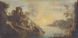 A capriccio of a Mediterranean coastal inlet with shipping and fisherman pulling in the catch by Claude Lorrain (Claude Gellee)