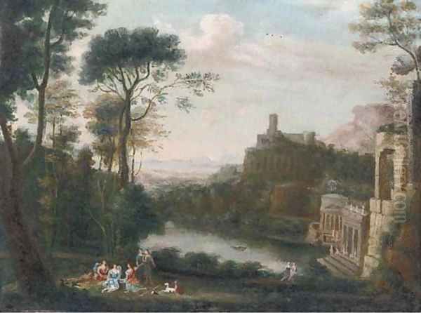 A classical landscape with figures above a lake - view 1
