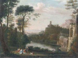 A classical landscape with figures above a lake by Claude Lorrain (Claude Gellee)