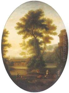 A classical landscape with wine makers and other figures by ruins, in a feigned oval by Claude Lorrain (Claude Gellee)