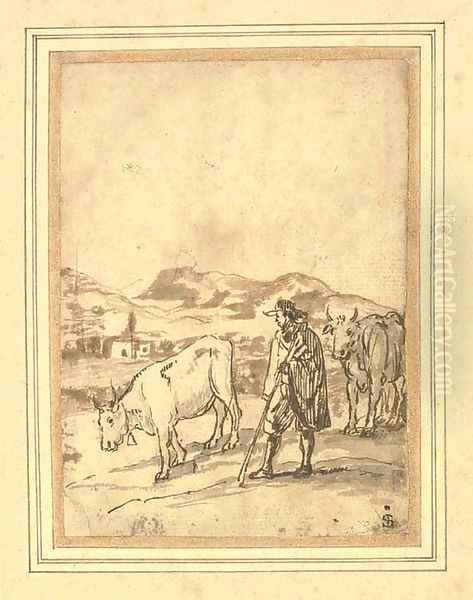 A herdsman and two cows - view 1