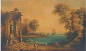 A coastal landscape with shipping and figures by a classical fountain
