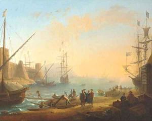 A Mediterranean harbour with shipping and merchants on the shore
