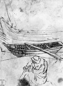 A Fisherman repairing his Net near two Boats by Claude Lorrain (Claude Gellee)