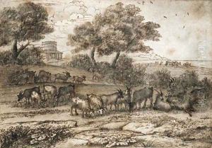 An extensive Mediterranean landscape with a tower and a herd of goats by Claude Lorrain (Claude Gellee)