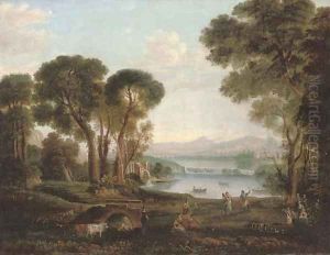 An Italianate river landscape with figures dancing and making music on a bank, a town beyond by Claude Lorrain (Claude Gellee)
