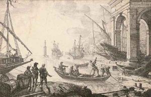 Harbour scene with rising sun by Claude Lorrain (Claude Gellee)