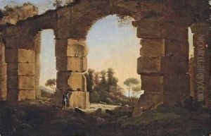 An Italianate evening landscape with a shepherd and his flock by a ruined aqueduct by Claude Lorrain (Claude Gellee)