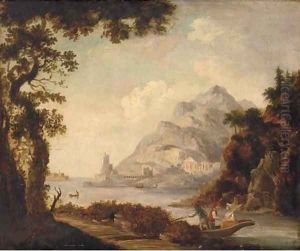 Figures in a boat before classical ruins, in a Mediterranean harbour by Claude Lorrain (Claude Gellee)