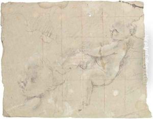 A putto reclining on a cloud, with a subsidiary study of his head by Giovanni Lanfranco