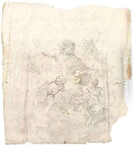 The apotheosis of a bearded prophet attended by a bishop and another figure Design for a section from a dome