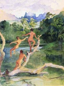 Girls Bathing On The Shore Near Papeete In An Outlet Of The River Fautaua The Diadem Or Crown Mountain In Distance Northwest Wind Blowing Later Afternoon February by John La Farge