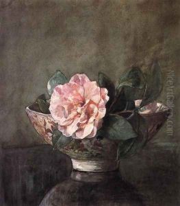 Camellia In Old Chinese Vase On Black Lacquer Table by John La Farge