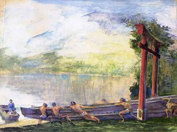 A Torii On Shore Of Lake Chusenji Japan Fishermen Pushing Out Their Boat - view 1
