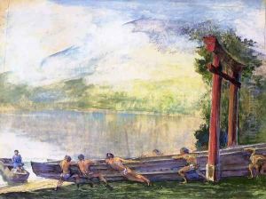 A Torii On Shore Of Lake Chusenji Japan Fishermen Pushing Out Their Boat by John La Farge