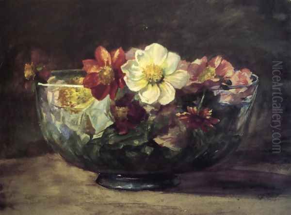 Study Of Autumn Flowers In Persian Glass Bowl With White Enamel Edge - view 1