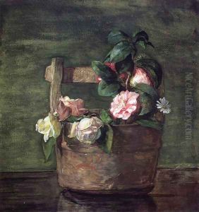 Camellias And Roses In Japanese Vase Of Earthenware With Crackle Camellias And Roses In Japanese Vase Of Earthenware With Crackle