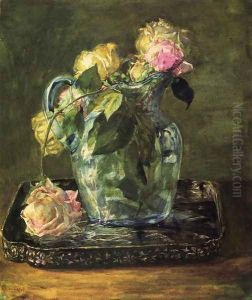 Roses In Blue Crackle Glass Pitcher by John La Farge