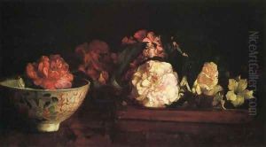 Flowers In A Japanese Tray On Mahogany Table