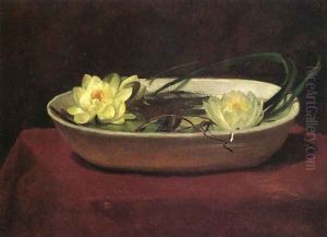 Water Lilies In A White Bowl With Red Table Cover by John La Farge