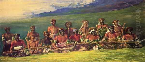 Chiefs In War Dress Seated After A Dance Islands Of Fiji Aka Chiefs And Performers In War Dance Fiji - view 1