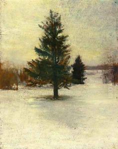Snow Sketch Hillside With Cedars Evening by John La Farge