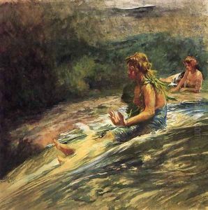 Girl Sliding Down Water Fall Banna Leaf Around Her Body by John La Farge