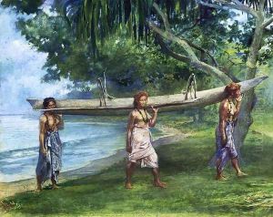 Girls Carrying A Canoe Vaiala In Samoa 1891 Portraits Of Otaota Daughter Of The Preacher And Our Next Neighbor Saikumu The First Girl Is Faaifi by John La Farge