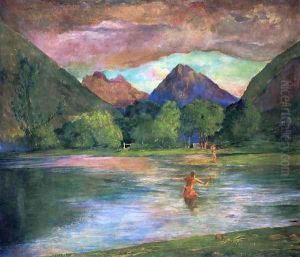The Entrance To Tautira River Tahiti Fisherman Spearing A Fish by John La Farge