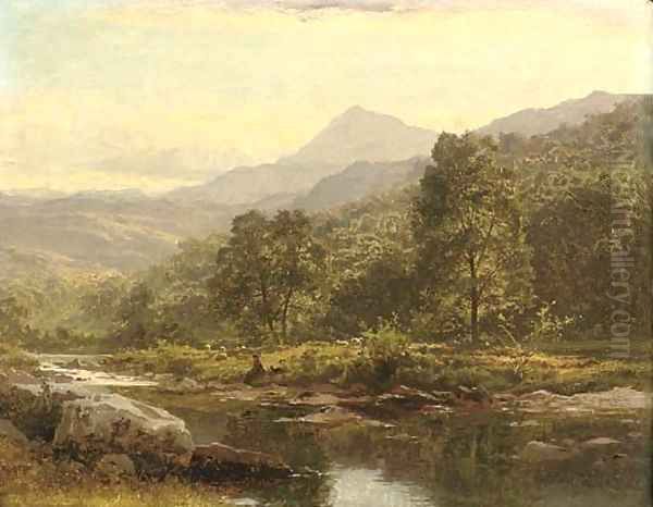 An Island on the Llugwy, Capel Curig, with an angler - view 1