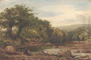 Figures by a river, thought to be Llugwy, North Wales by Benjamin Williams Leader