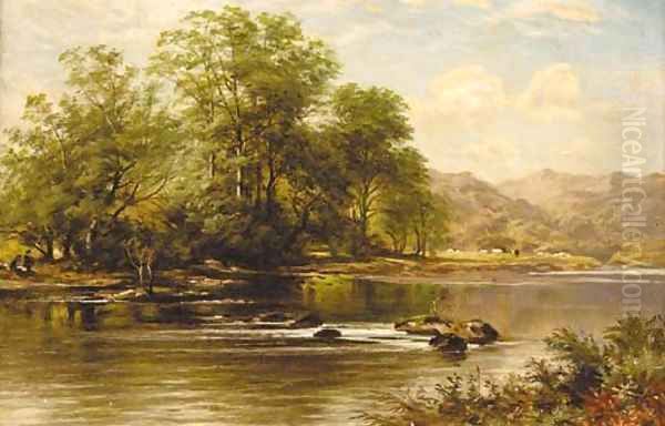 Figures in a sunlit river landscape with mountains beyond - view 1