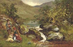 An angling party on a river bank