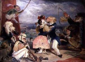 West End Fair Monkeys and Dogs Performing on a Stage by Sir Edwin Henry Landseer