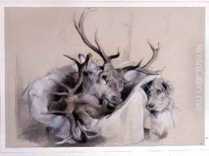Stags Heads and Dog by Sir Edwin Henry Landseer