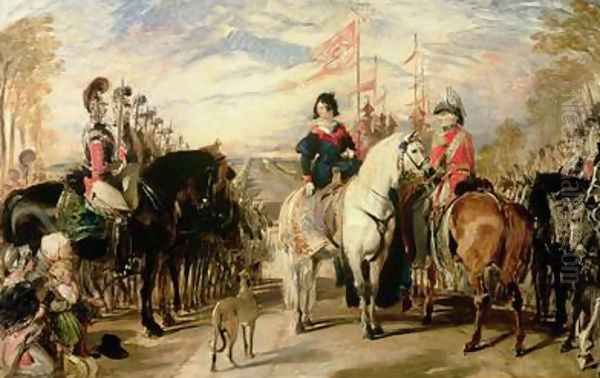 Queen Victoria and the Duke of Wellington reviewing the Life Guards Windsor Great Park in the distance - view 1