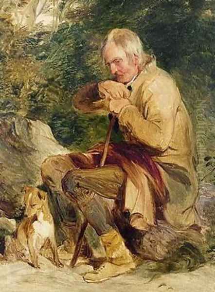 An old man and his dog seated by a road side - view 1