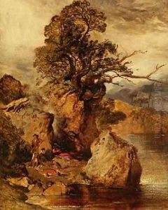 Highland Landscape with Stalkers resting by a Loch by Sir Edwin Henry Landseer