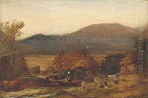 A mountainous landscape, with a figure by a cottage and sheep in the foreground by Sir Edwin Henry Landseer