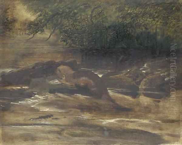 A river scene, with an otter eating a fish, a sketch - view 1