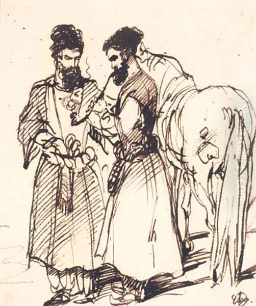 Turkish figures smoking a hookah pipe standing beside a horse - view 1