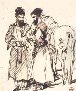 Turkish figures smoking a hookah pipe standing beside a horse Turkish figures smoking a hookah pipe standing beside a horse