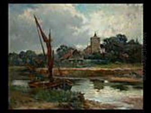 Flusslandschaft Mit Segelkahn Und Gebauden by Pierre-Emmanuel Damoye