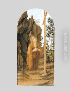 The Penitent Mary Magdalen adoring the True Cross in a rocky landscape