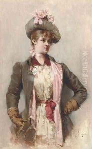 A young lady in a coat and hat with a pink bow by Albert Lynch