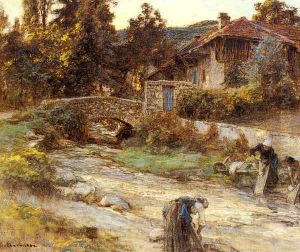 Washerwomen at a Stream with Buildings beyond