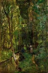 Waldinneres Mit Bachlauf, Angler Undfrau by Charles-Francois Daubigny